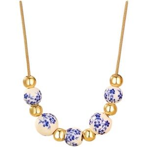 Gold and Blue Porcelain Chinoiserie Bead Necklace